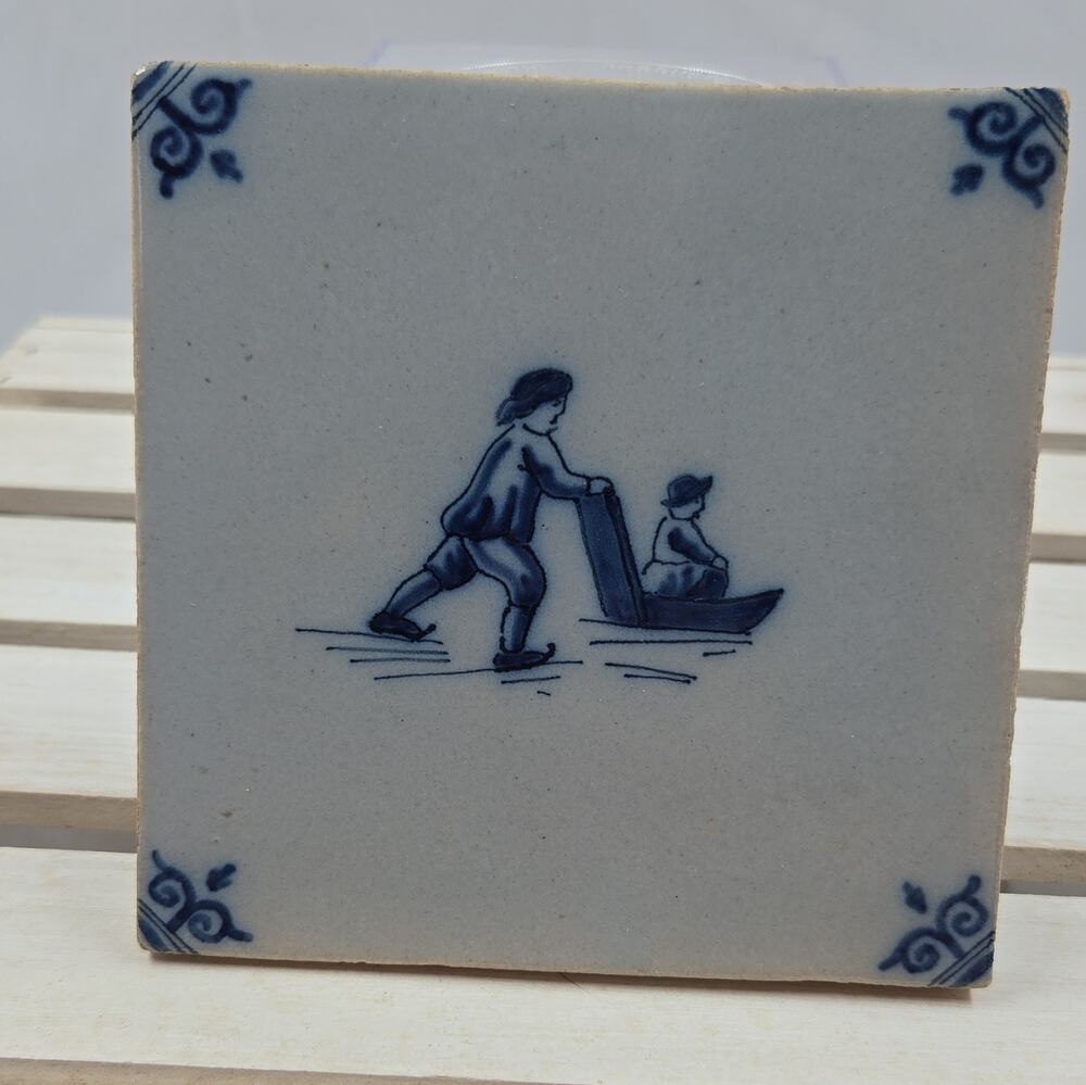 Delft Hand Painted Glossy Blue & White Ceramic Square Decorative Tile, Children